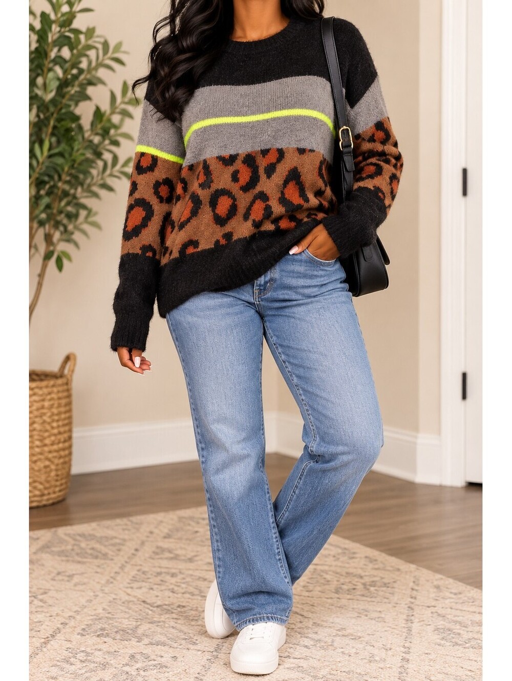 Leopard Colorblock Fuzzy Knit Sweater Large ASOS